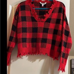 Fancy No Boundaries Sweater Red & Black Fringed Vneck long sleeve Jr Size:M(7-9)